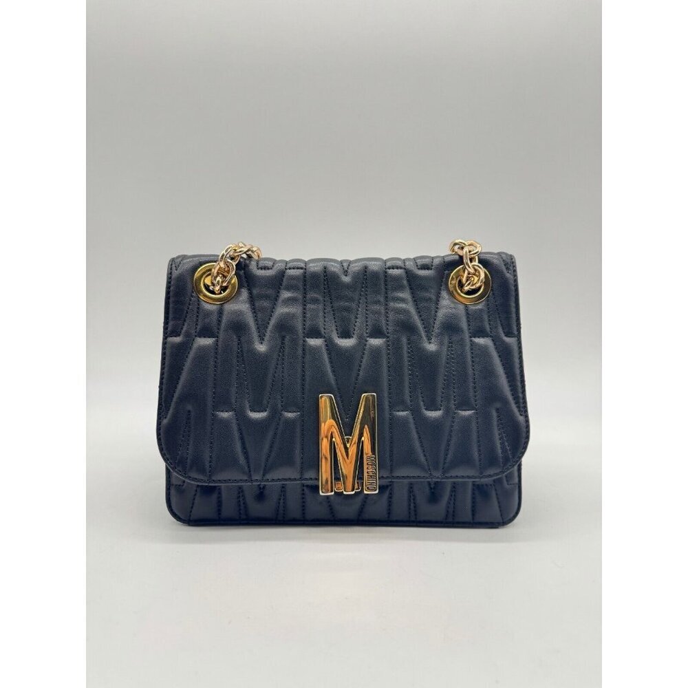 MOSCHINO monogram logo quilted leather convertible shoulder bag + Dust bag BLACK